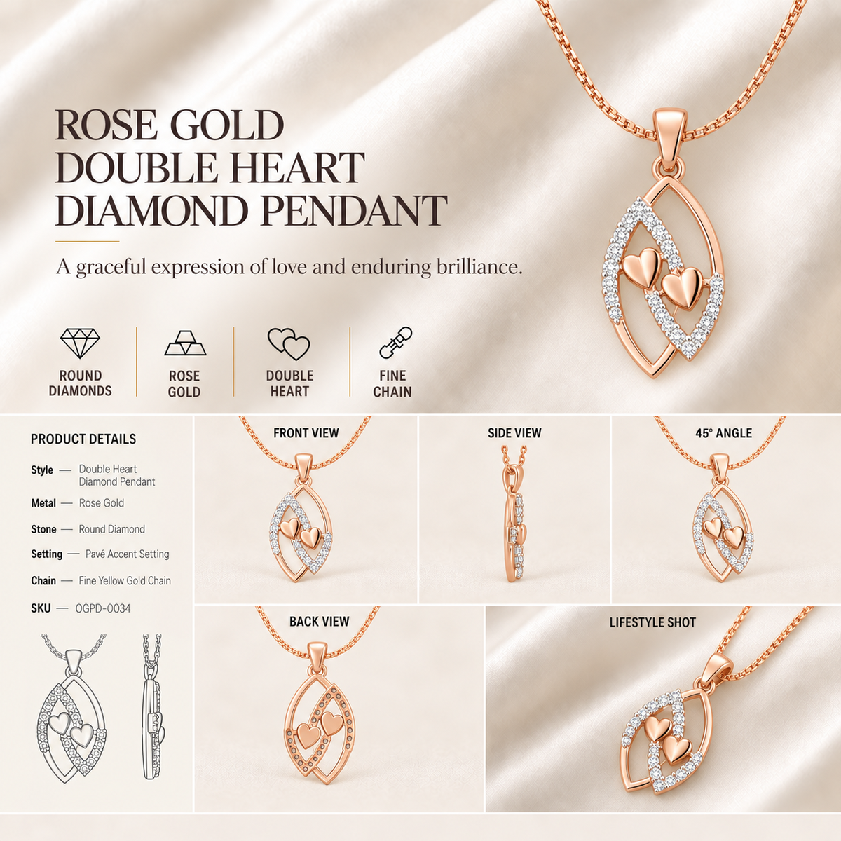 14K gold heart solitaire diamond pendant by Oré, view 3