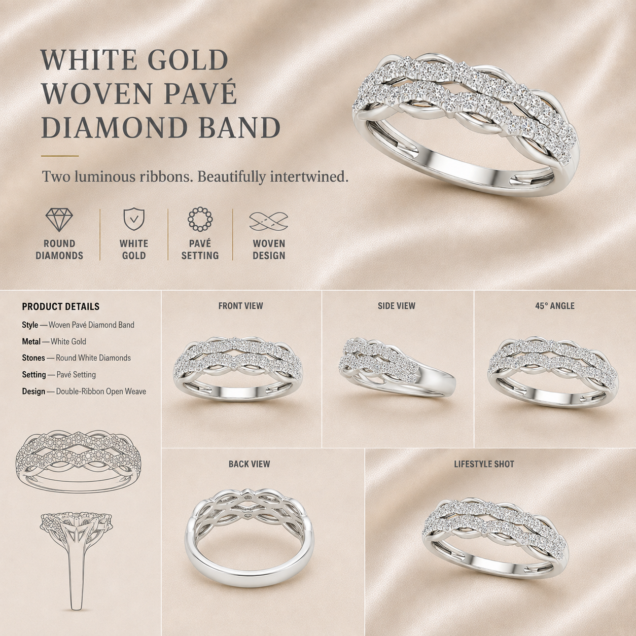 Ore 9K Yellow Gold Multi-Row Pave Diamond Band Ring – Size 12