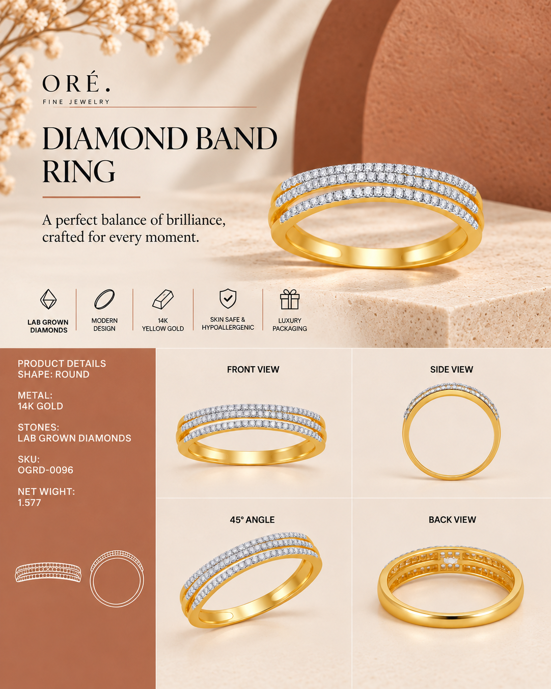 14K yellow gold wide pavé diamond band ring by Oré, view 3