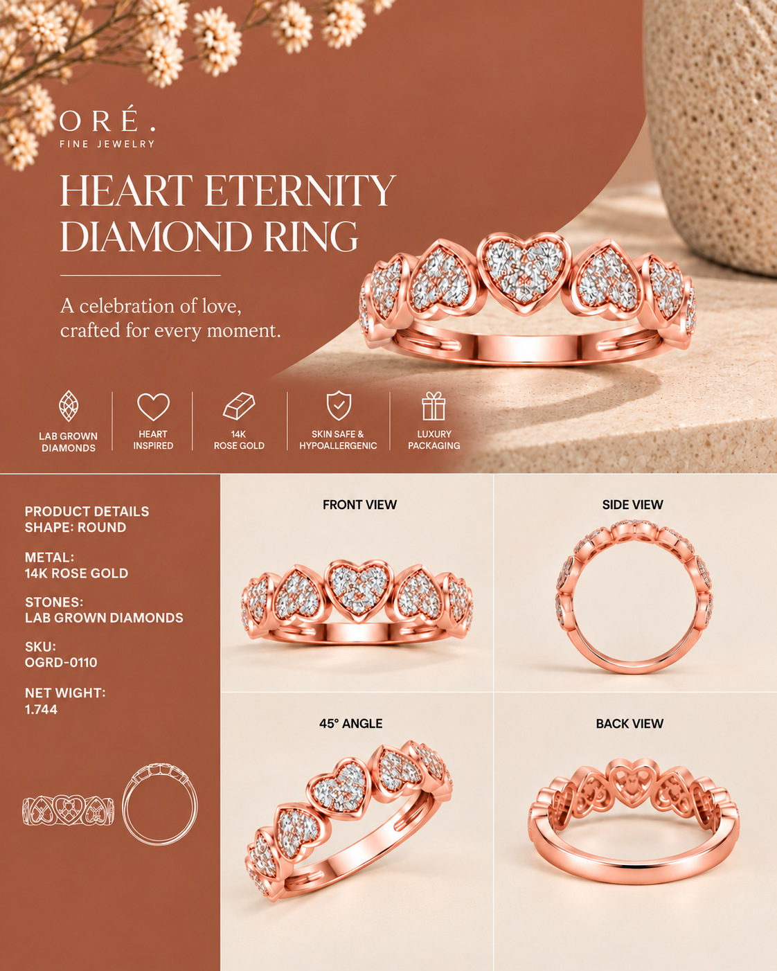 14K rose gold double-row diamond band ring by Oré, view 3