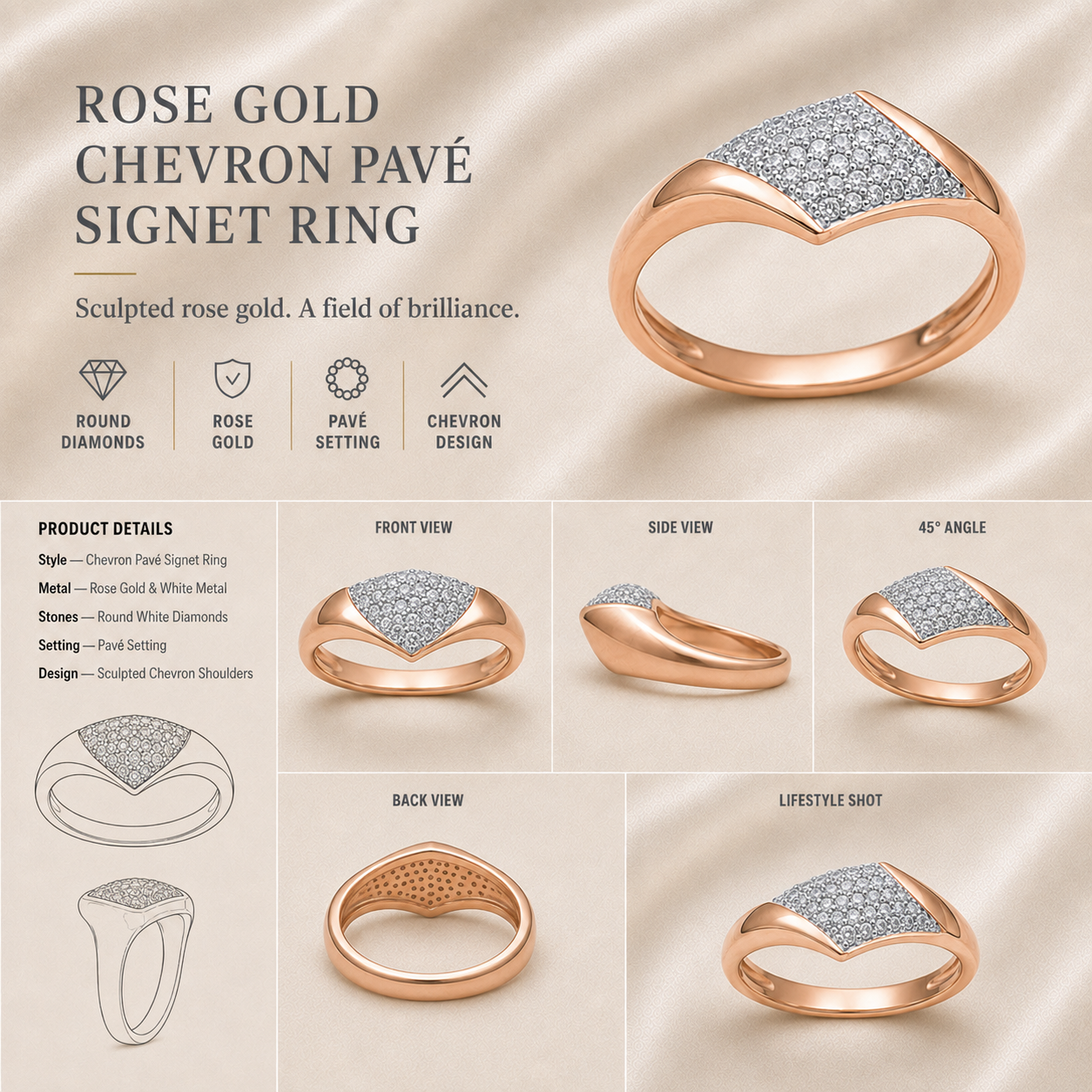 Ore 9K Rose Gold Diamond Statement Ring – Size 11