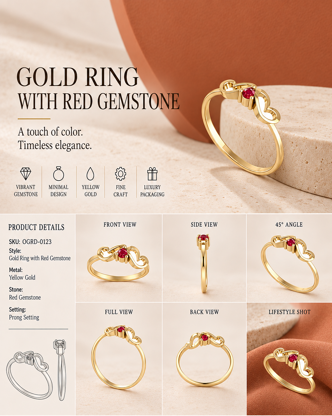9K yellow gold petite round solitaire ring by Oré, view 3