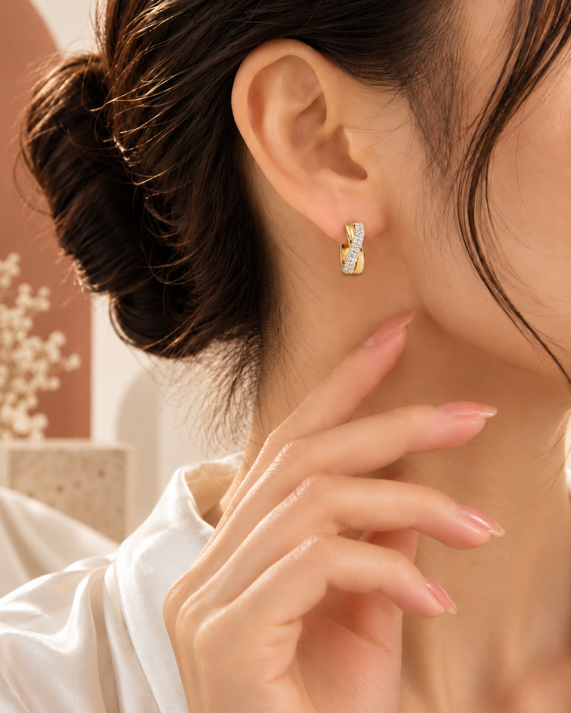 9K yellow gold pavé diamond hoop earrings by Oré, view 2