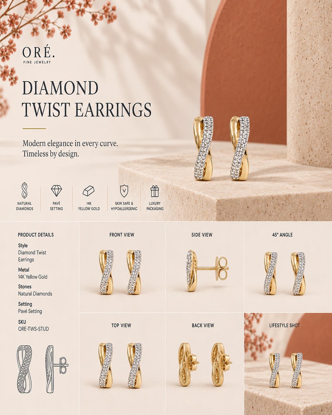 9K yellow gold pavé diamond hoop earrings by Oré, view 3