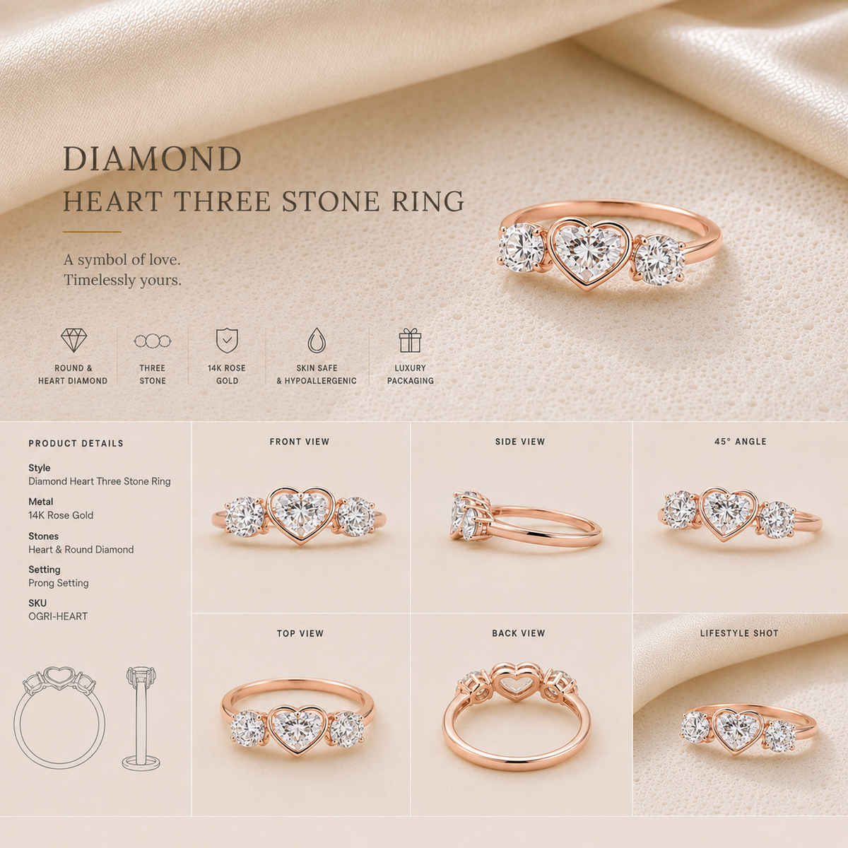 14K gold heart and butterfly diamond ring by Oré, view 6