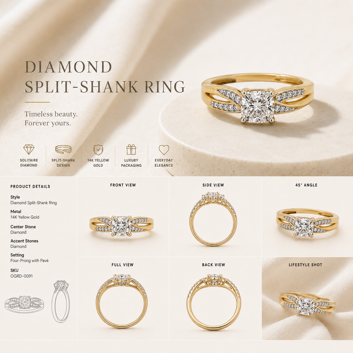 14K gold geometric diamond band ring by Oré, view 3