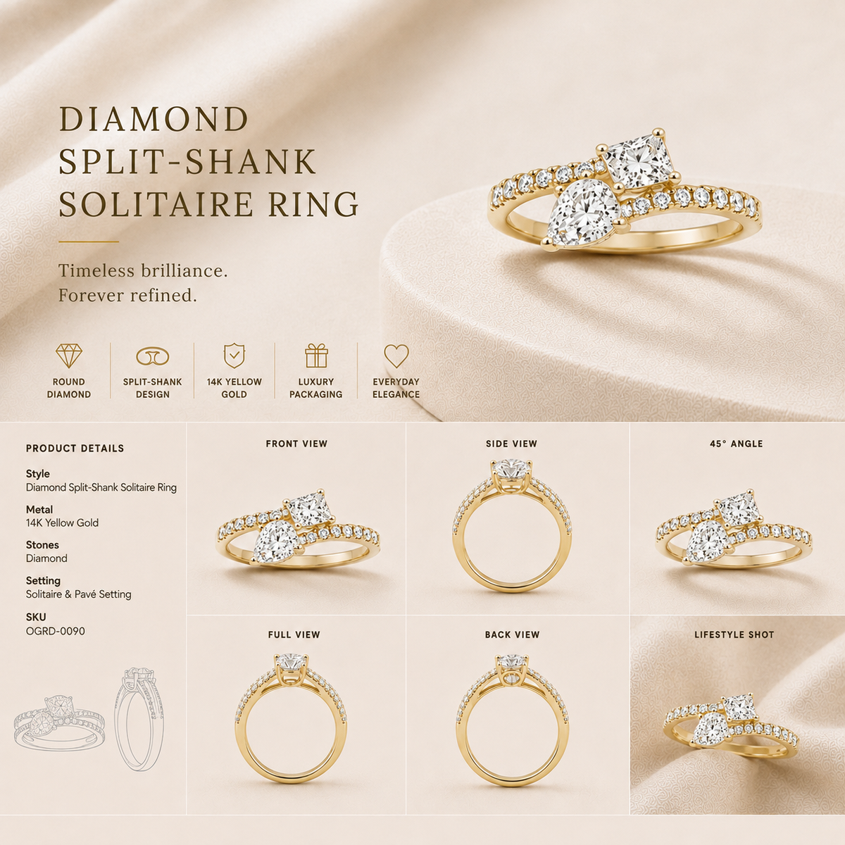 18K gold twist solitaire diamond ring by Oré, view 3