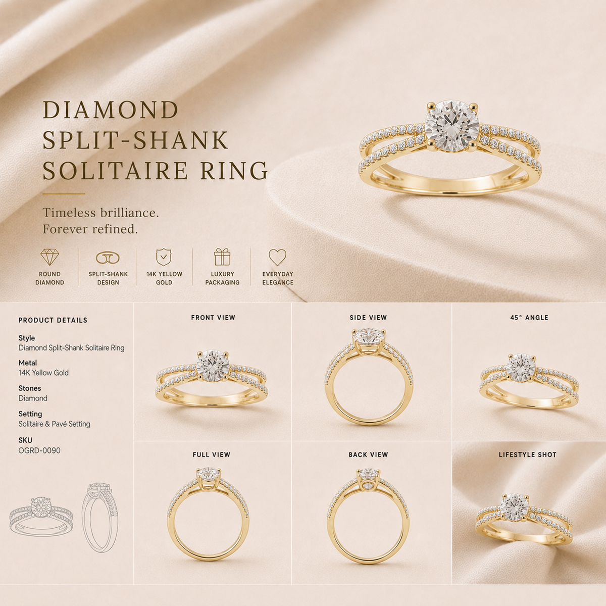 18K gold split-shank solitaire ring by Oré