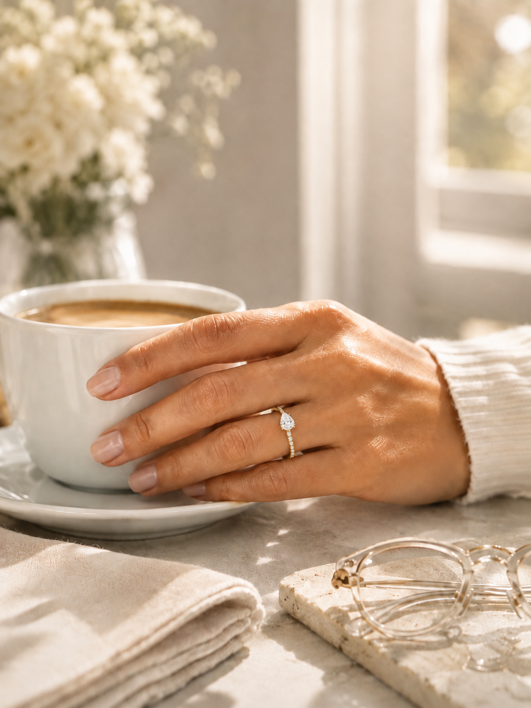 18K gold pear solitaire diamond ring by Oré, view 3