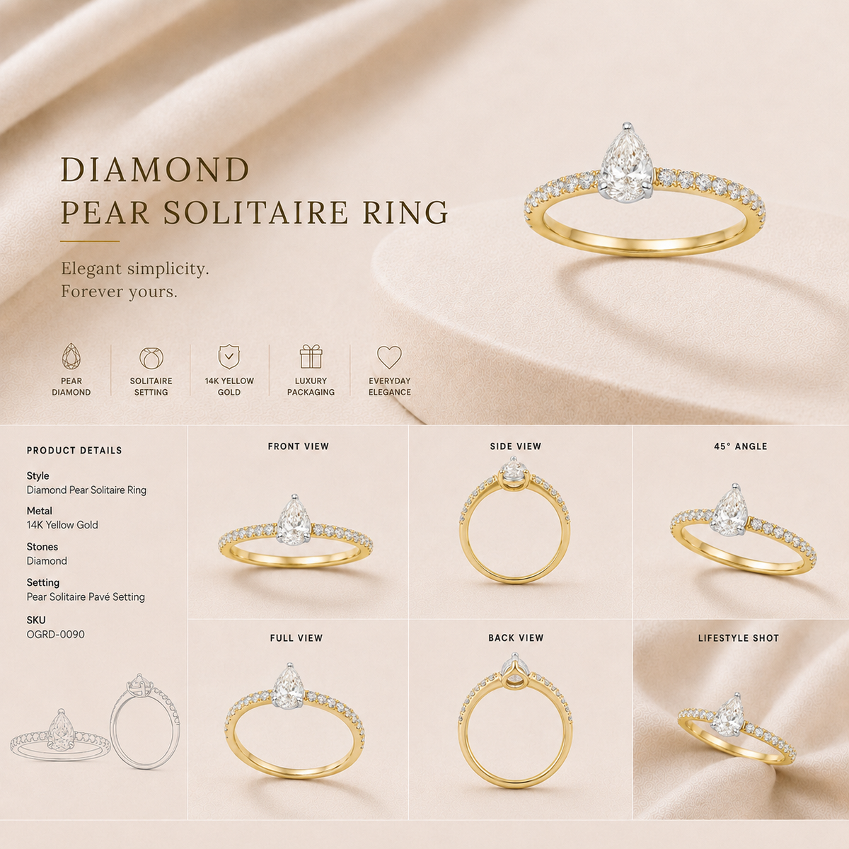 18K gold pear solitaire diamond ring by Oré, view 2