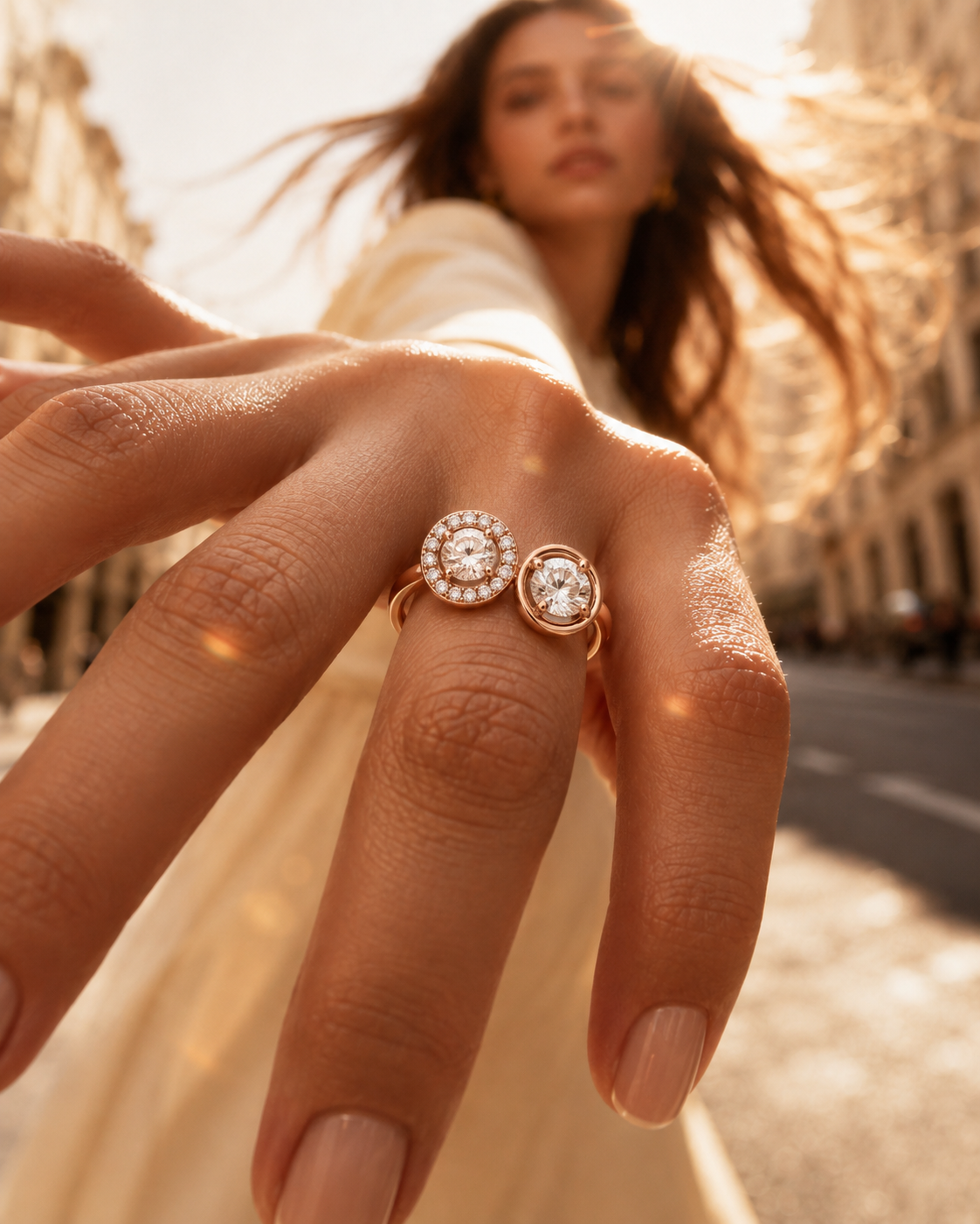 18K gold halo bypass diamond ring by Oré, view 2
