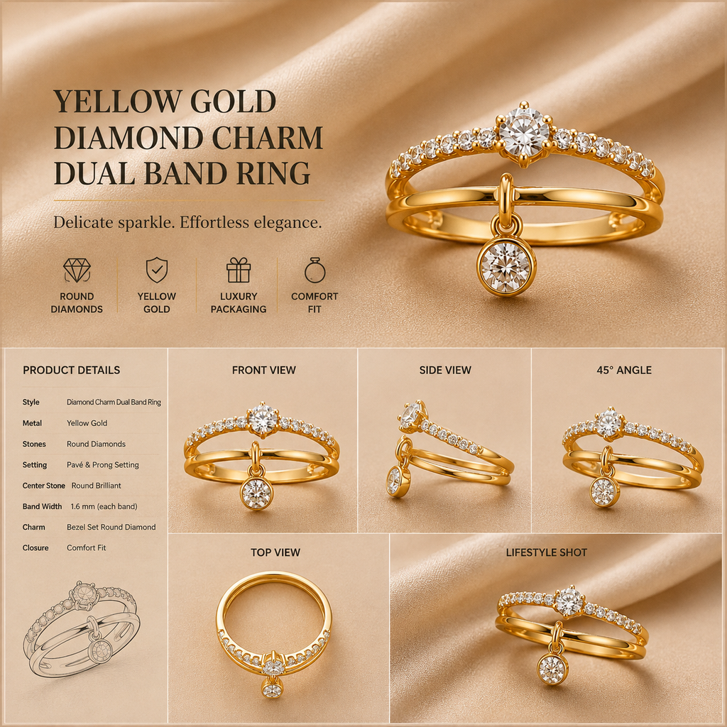 Ore 9K Gold Double-Band Diamond Charm Ring