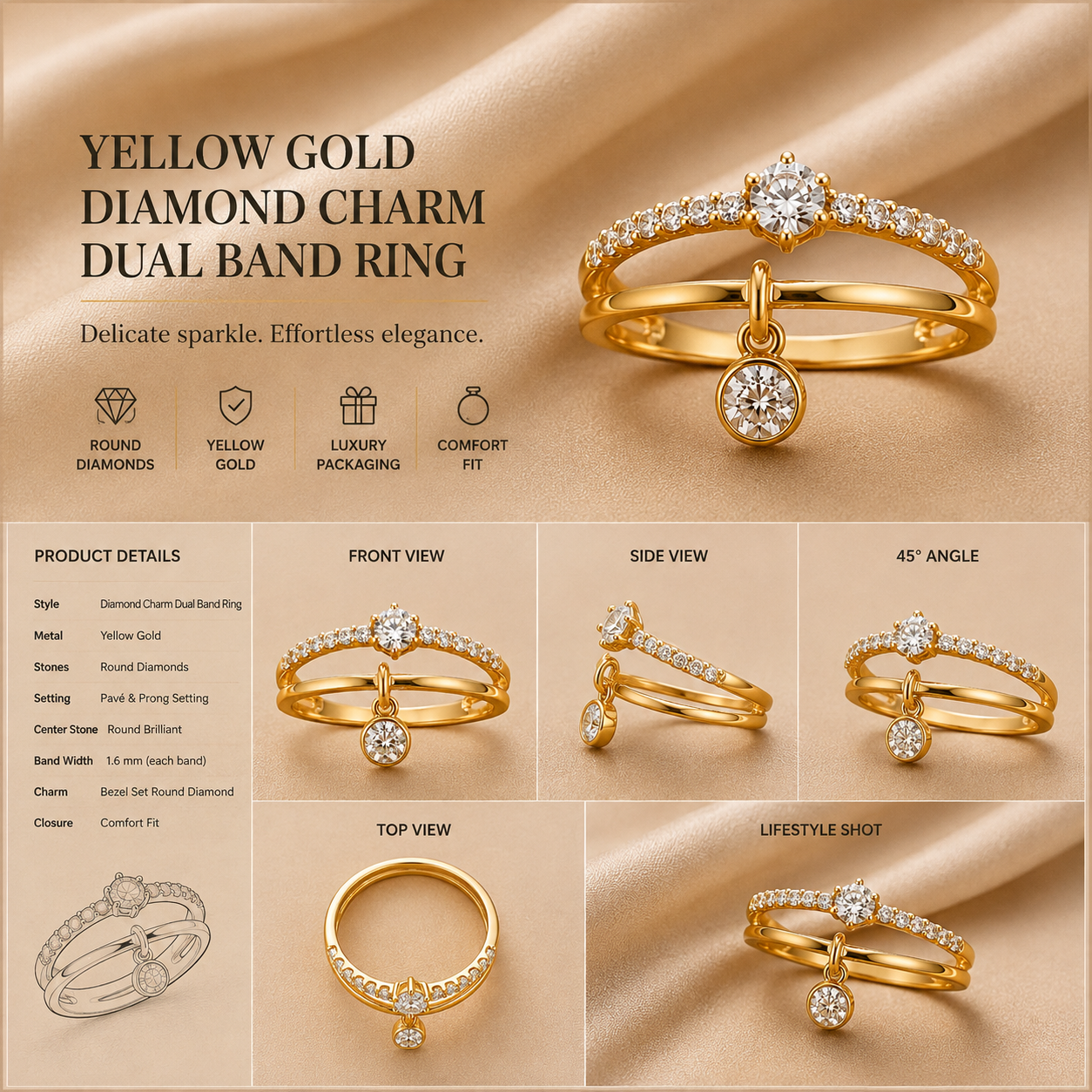 Ore 9K Gold Double-Band Diamond Charm Ring