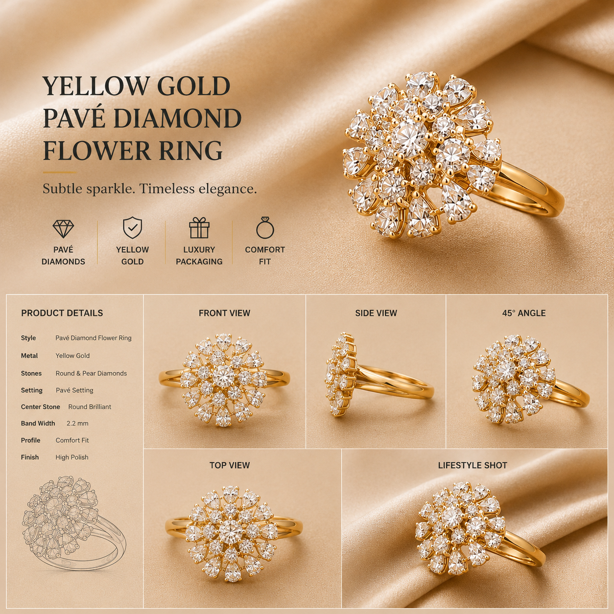 Ore 9K Gold Floral Cluster Diamond Ring