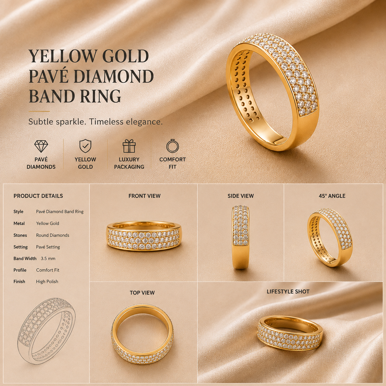 Ore 9K Gold Wide Pave Diamond Band Ring