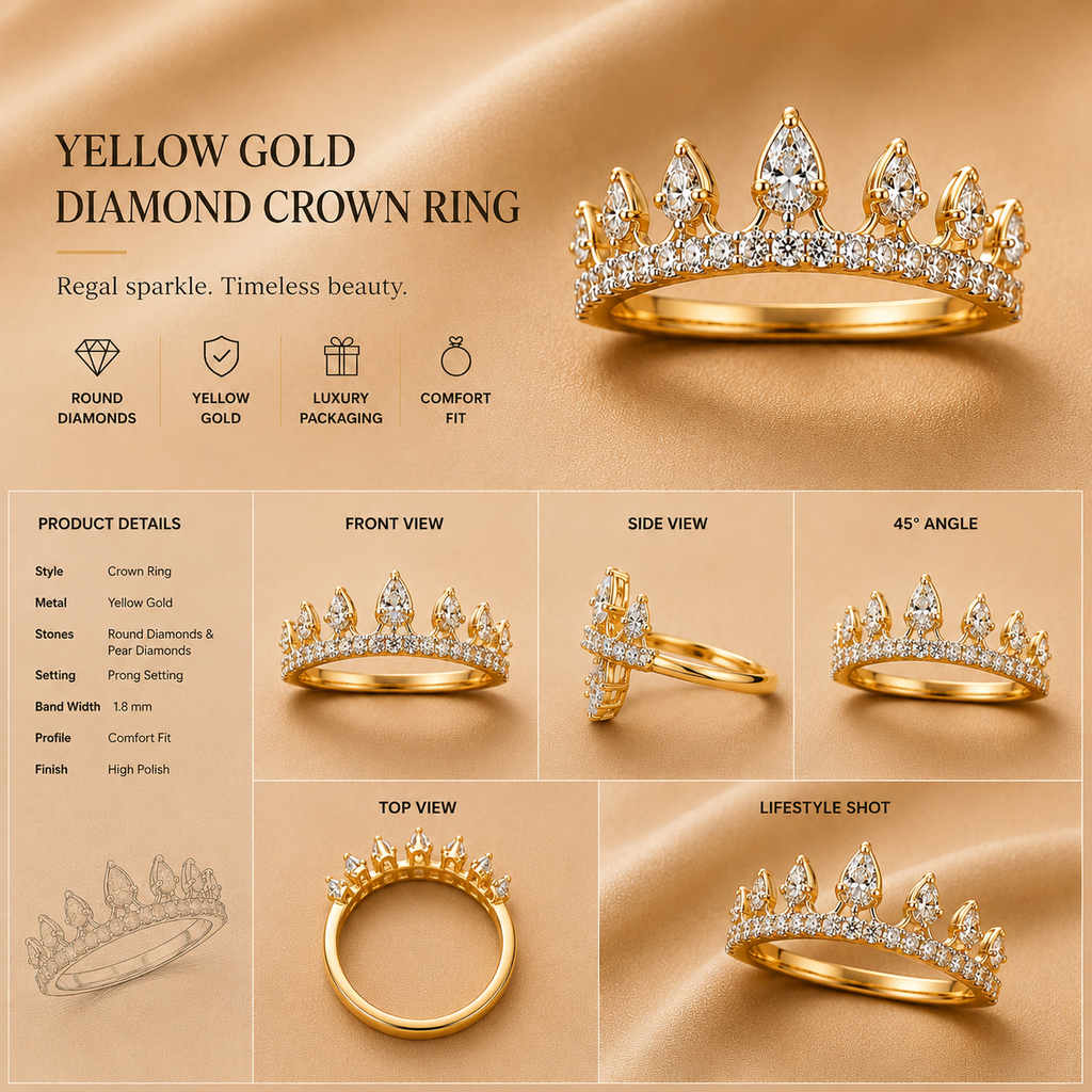 Ore 9K Gold Diamond Leaf Crown Ring