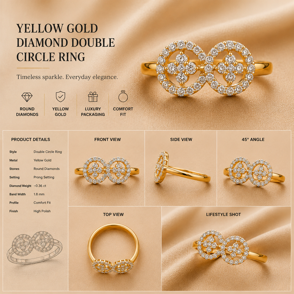 Ore 9K Gold Interlocking Double-Circle Diamond Ring