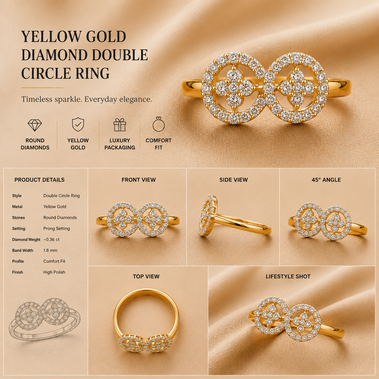 Ore 9K Gold Interlocking Double-Circle Diamond Ring