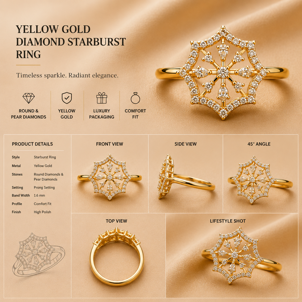 Ore 9K Gold Geometric Snowflake Diamond Ring