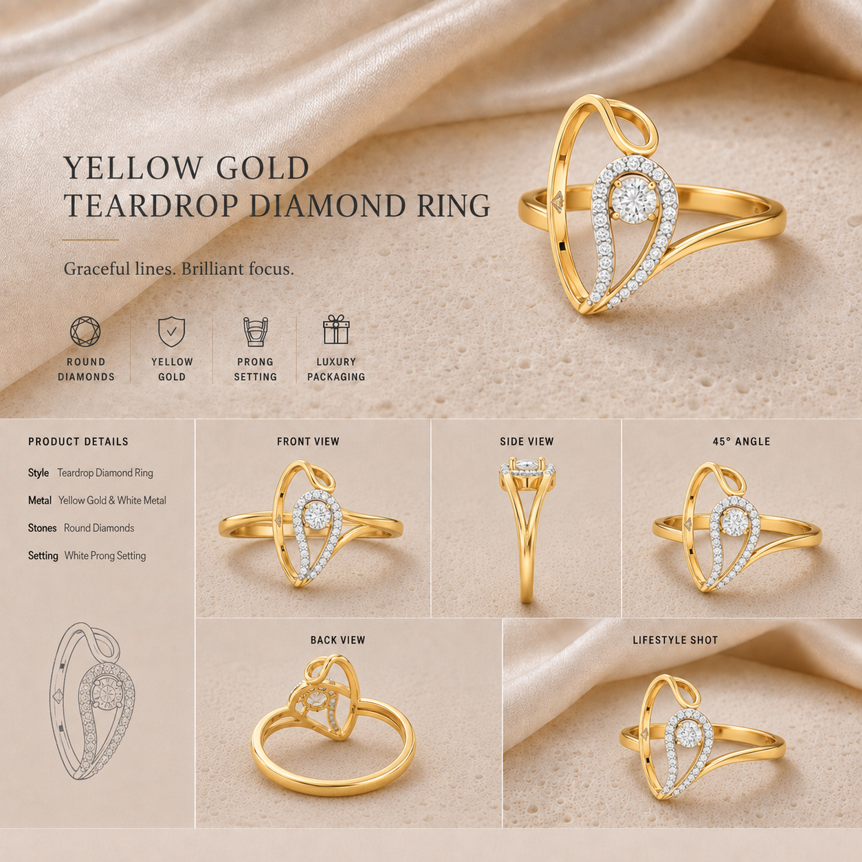 Ore 14KT Yellow Gold Half-Circle Solitaire Ring