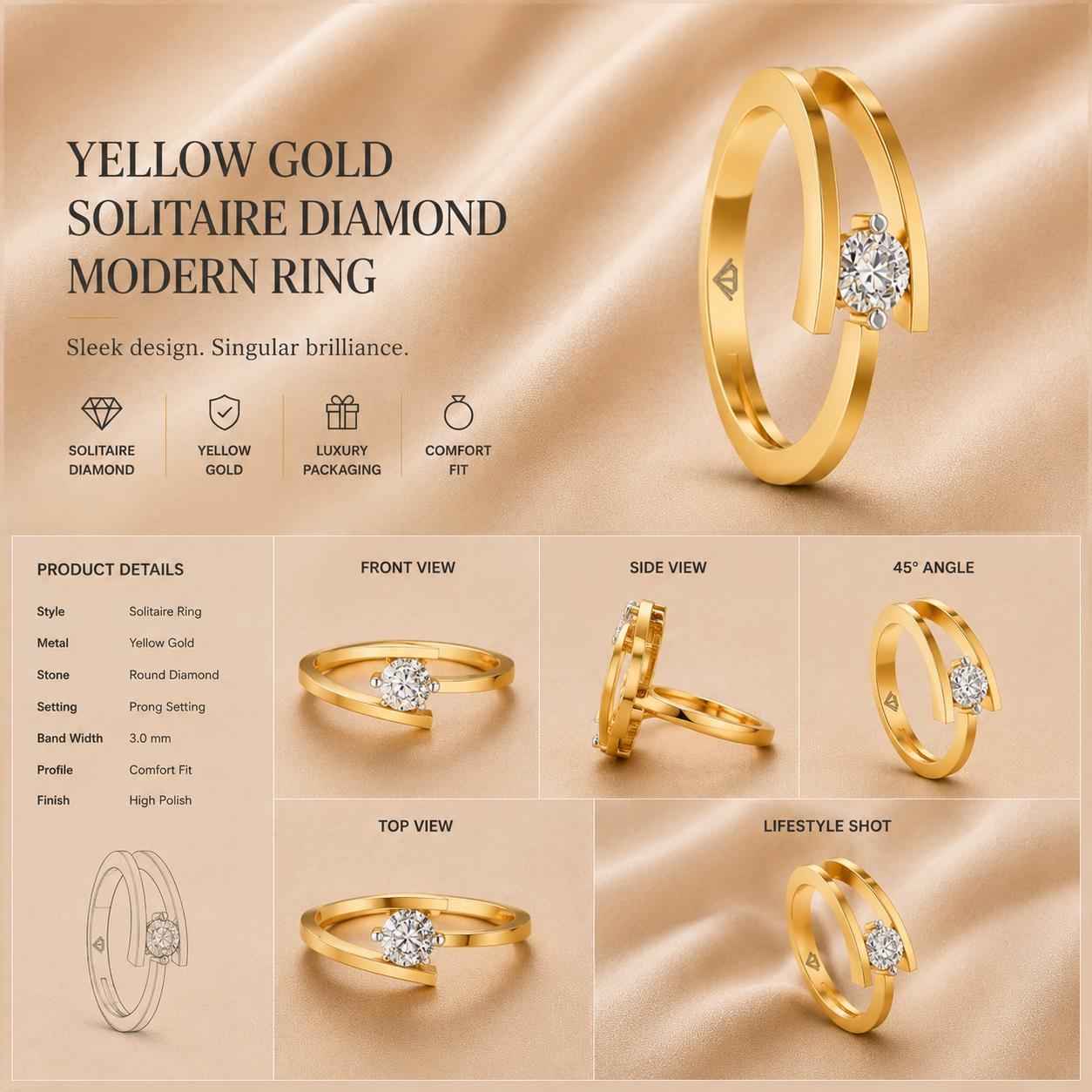 Ore 9K Gold Modern Bypass Solitaire Ring