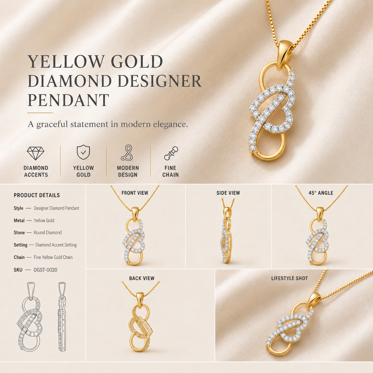 9K gold infinity knot diamond pendant by Oré, view 3