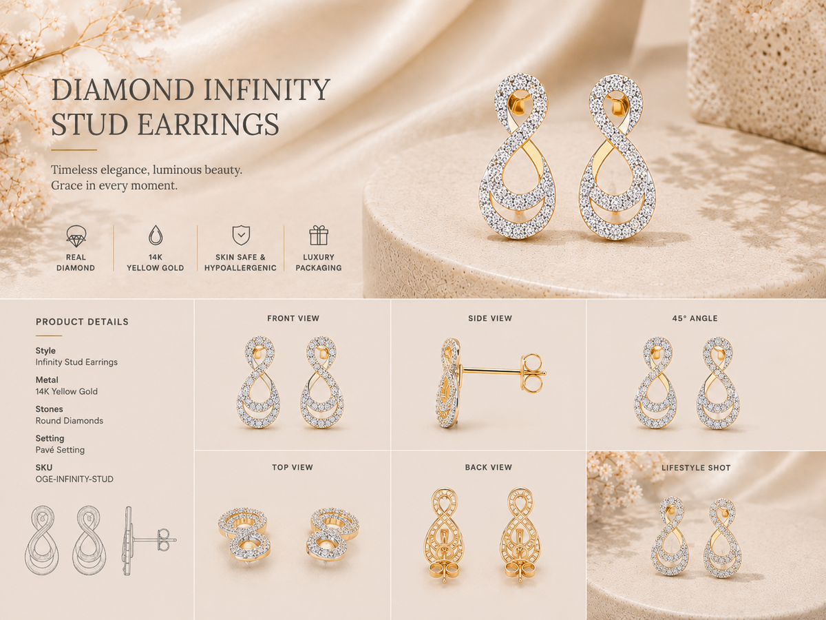 9K gold infinity twist diamond earrings by Oré, view 3