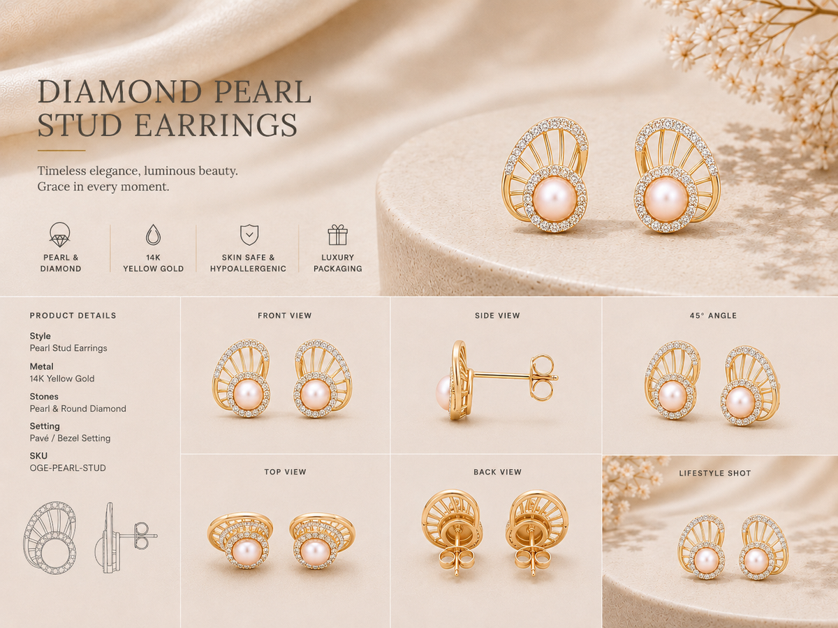 9K gold pearl fan earrings by Oré, view 3