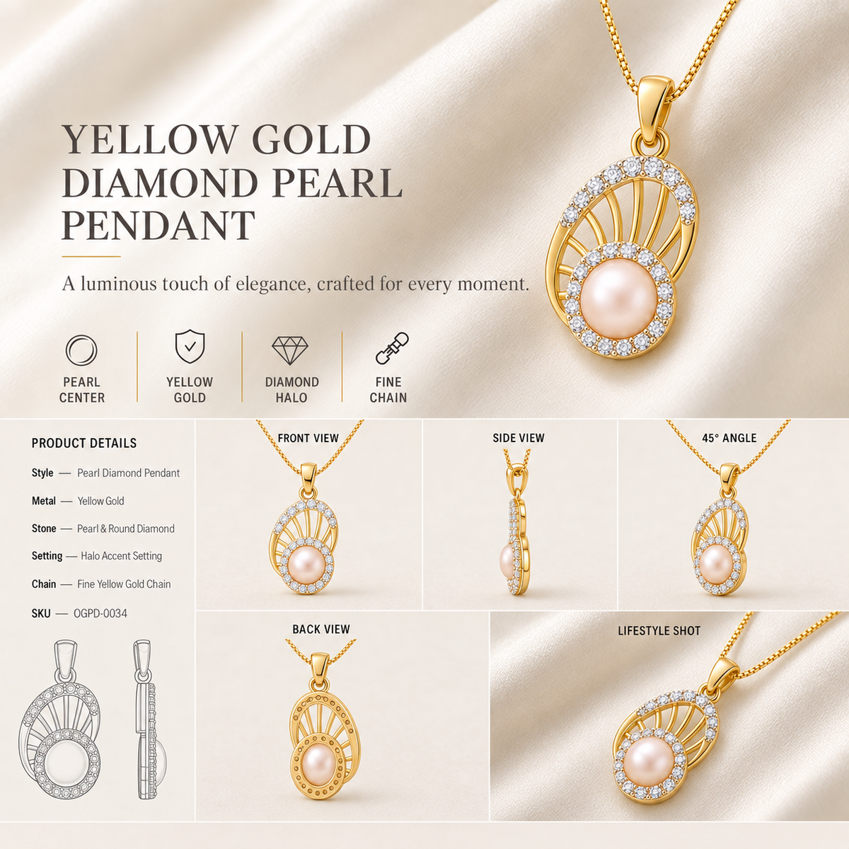 9K gold pearl fan pendant necklace by Oré, view 3