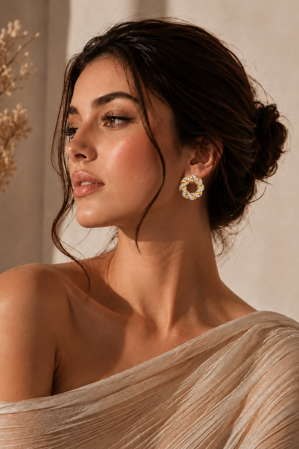 Model wearing a 9K gold floral wreath diamond stud earring by Oré