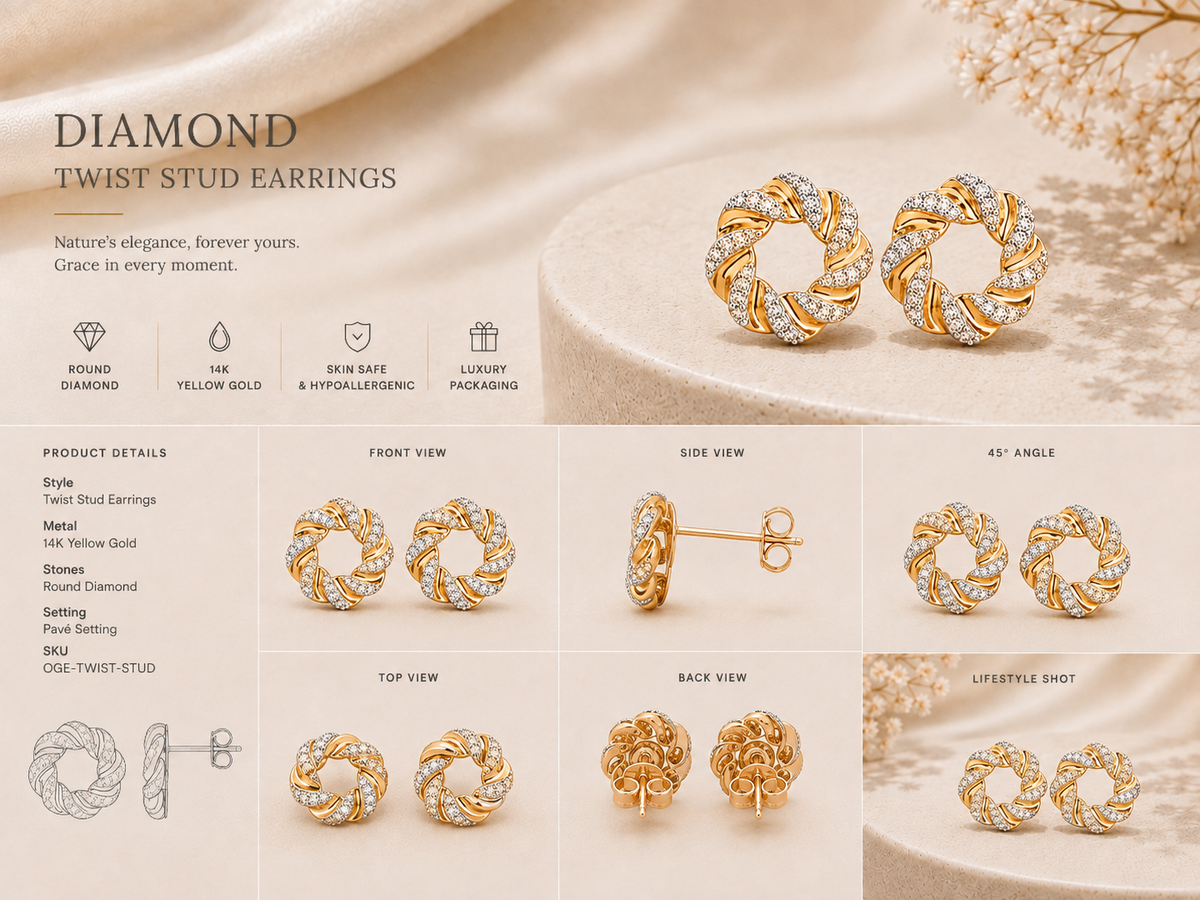 9K gold floral wreath diamond stud earrings by Oré: front, side, top and back views