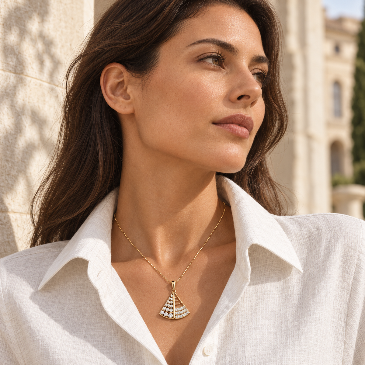 14K gold geometric tiered diamond pendant by Oré, view 2