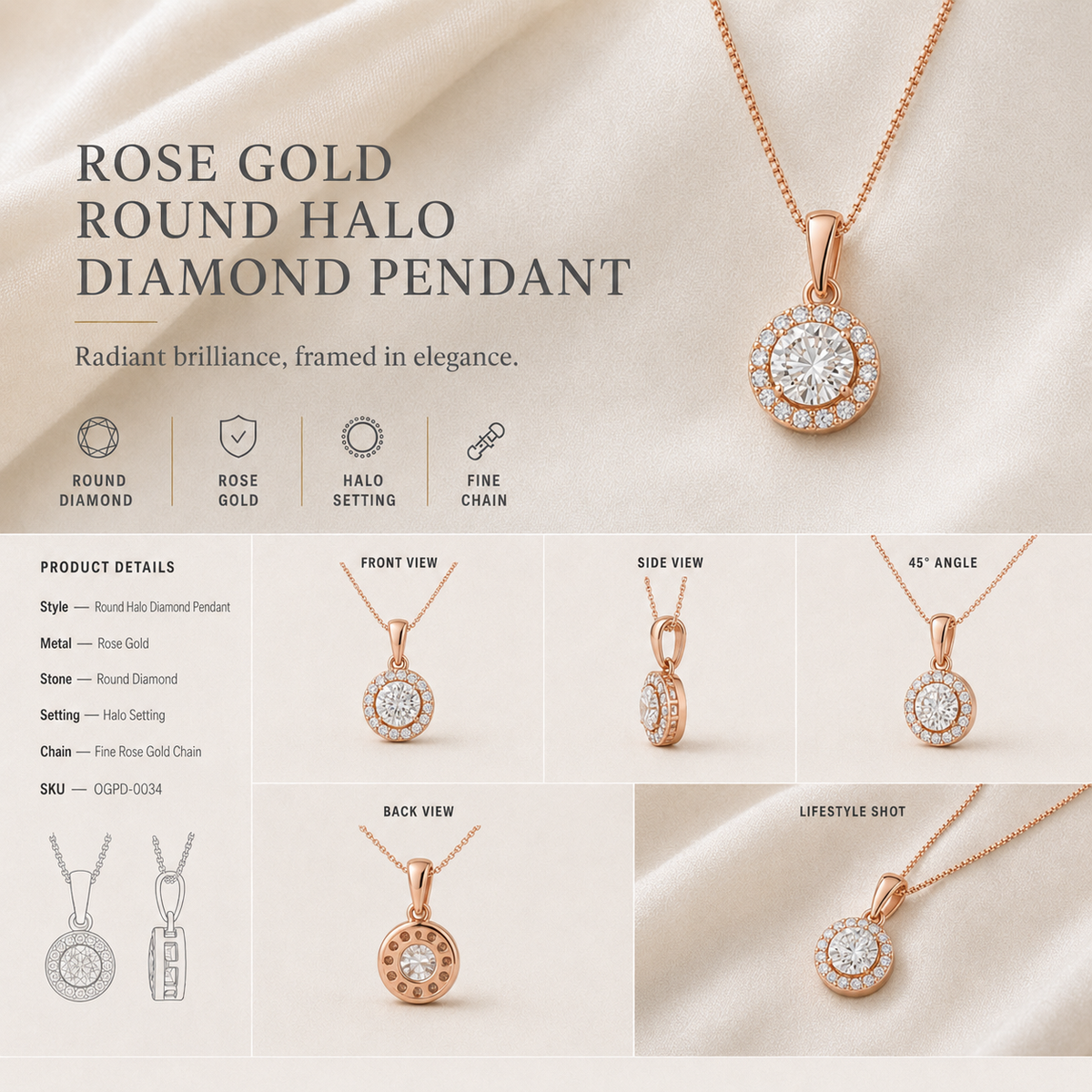 9K gold round halo diamond pendant by Oré, view 3
