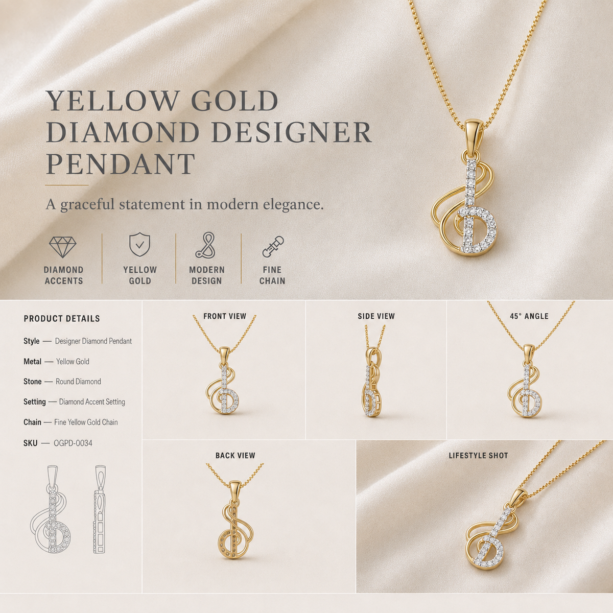 9K gold musical note diamond pendant by Oré, view 2