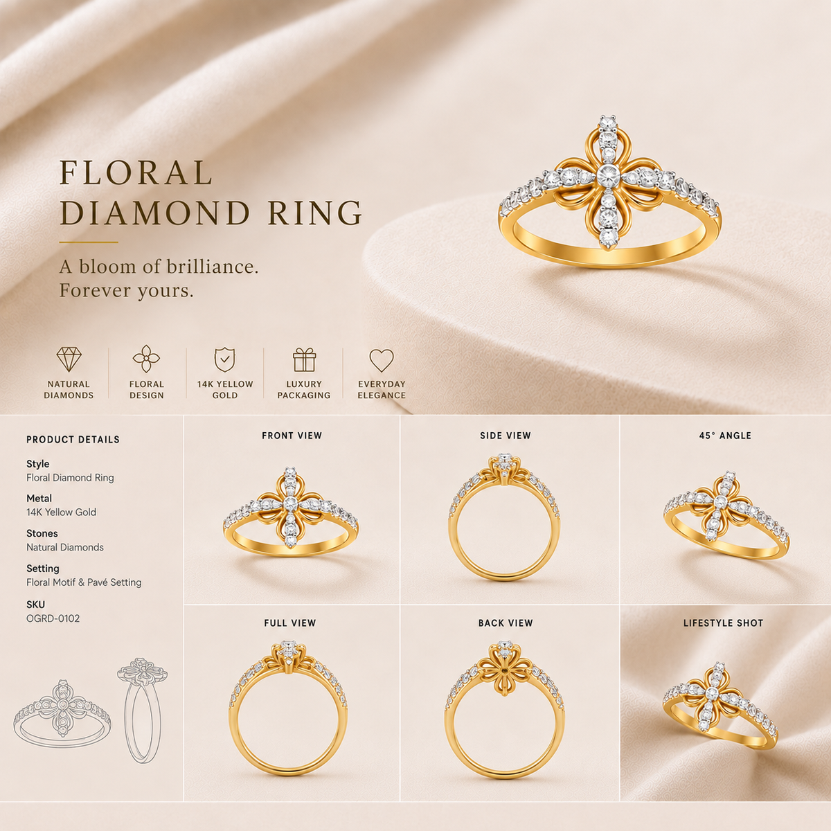 14K gold floral cluster diamond ring by Oré, view 3