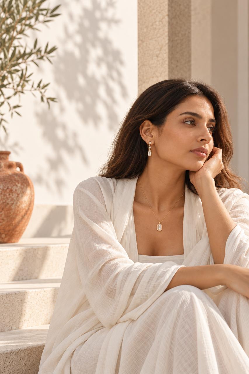 Woman wearing Oré lab-grown diamond drop earrings and a matching pendant necklace in gold