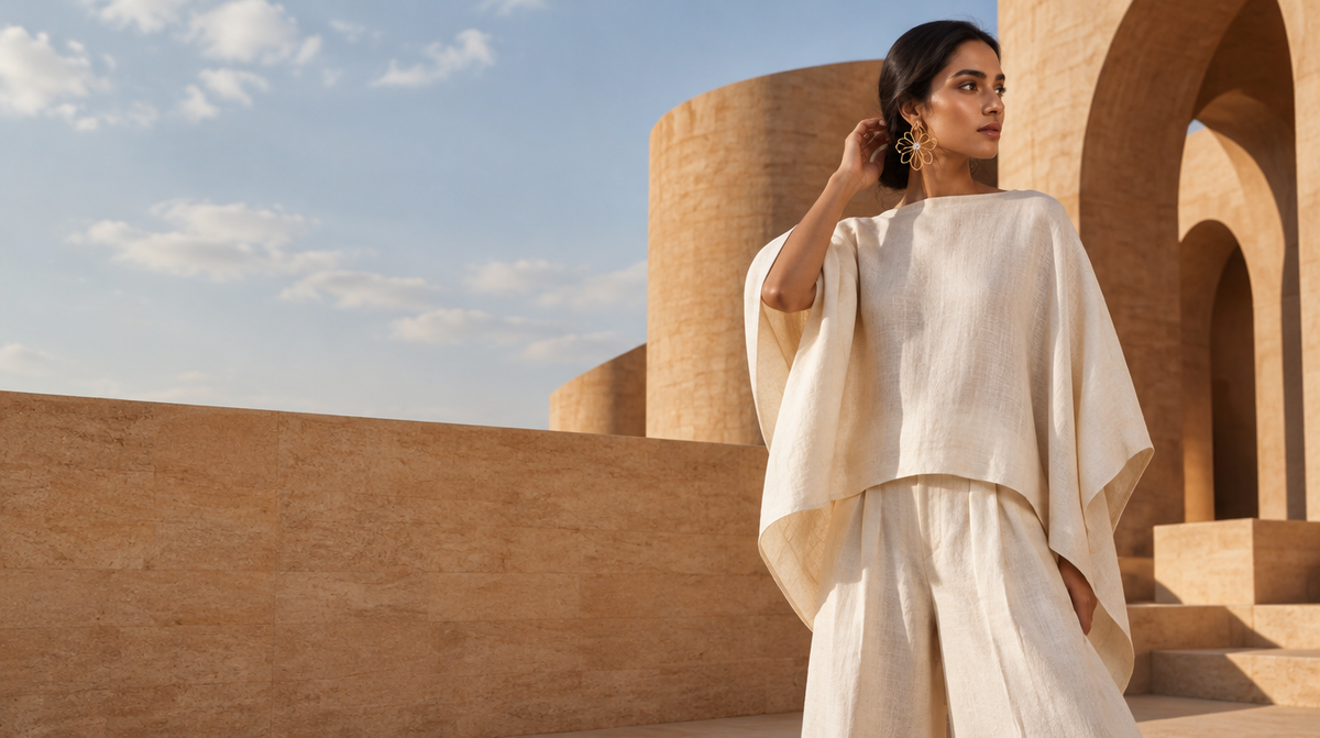 Model in cream linen with gold flower earrings, sandstone architecture